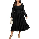 SCOMCHIC Women's Plus Size Dress Long Sleeve Square Neck Swiss Dot Chiffon Smocked A Line Ruffle Cocktail Maxi Dresses