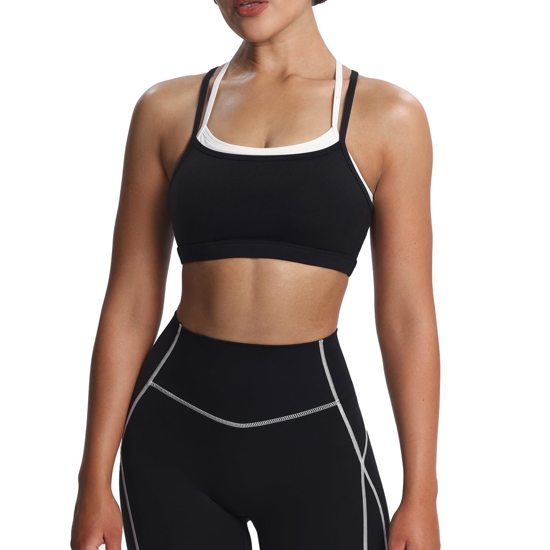 Photo 1 of Aoxjox Women's Workout Sports Bras Takes Two Bra Training Fitness Running Yoga Crop Tank (Black and White, Medium)