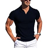Gnvviwl Men's Muscle V Neck Polo Shirts Slim Fit Short Long Sleeve Cotton Golf T-Shirts Ribbed Knit Soft Tees