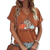 It's Fall Y'all Shirt Women Cute Leopard Pumpkin Graphic Tees Casual Short Sleeve V-Neck T Shirt Fall Halloween Tops