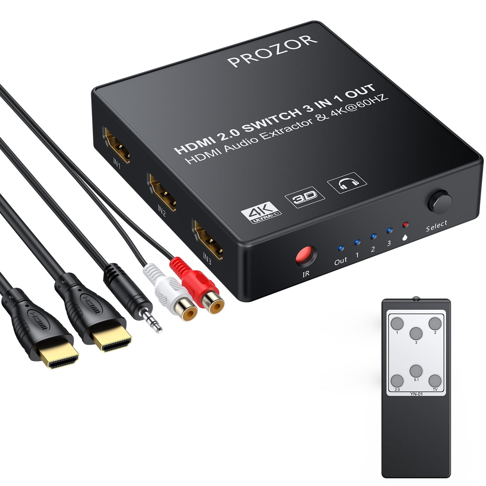 PROZOR HDMI 2.0 Audio Extractor 3x1 HDMI Switch Converter 3.5mm AUX Optical Output Support 4K/60hz 3D with IR Remote HD MI Cable 3.5mm to 2 RCA Cable for Blu-ray DVD PS4 TV