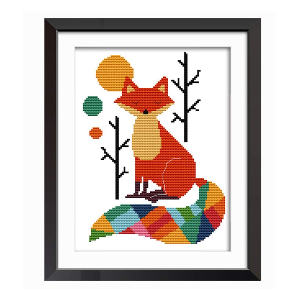 Proumhang 11CT Stamped Cross Stitch Lovely Animal Anime Simple Beginner Cross Stitch Embroidery Needlecraft DIY 3 Strands Canvas Aida Printed 28cm x 38cm:Colorful Fox