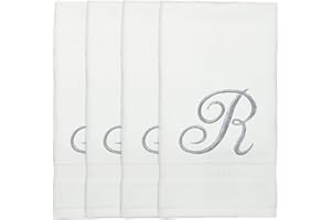 BC BARE COTTON Monogrammed Fingertip Towels, Personalized Gift, 11 x 18 Inches - Set of 4 - Silver Script Embroidery - Extra Absorbent 100% Turkish Cotton- Soft Terry Velour- for Bathroom, Kitchen and Spa- R White