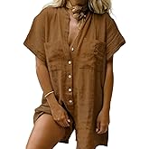 CHARTOU Women Summer Shorts Romper Button Down Wide Leg Cotton Linen Shortalls Jumpsuit