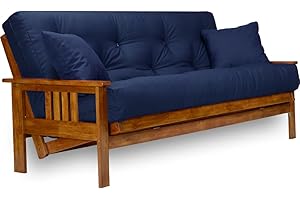 Nirvana Futons Stanford Futon Set - Queen Size Futon Frame with Mattress Included (8 Inch Thick Mattress, Twill Navy Blue Color), Heavy Duty Wood, Popular Sofa Bed Choice