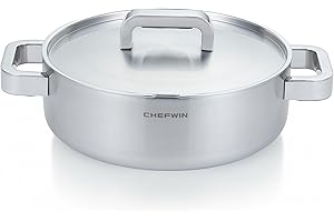 CHEFWIN 316 Stainless Steel 3.8 Quart Brazier with Lid, Induction Cookware, Dishwasher Safe & Oven Safe