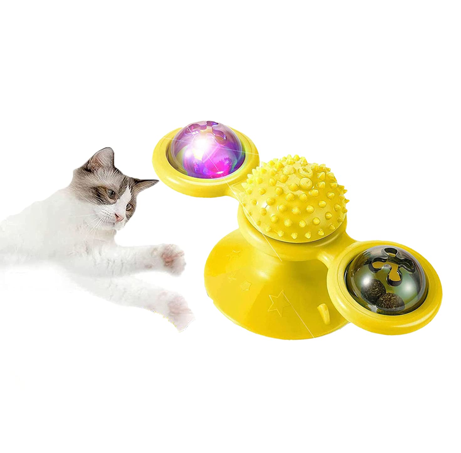 NW GazyyShop-Windmill Cat Toys,cat toys for indoor cats，interactive cat toy，Turntable Interactive Cat Toy with Suction Cup Brush for Cat Tooth Cleaning Scratching, (yellow)