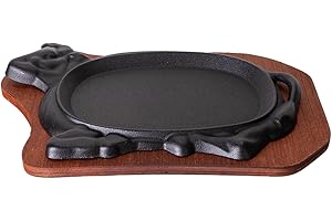 Cast Iron Steak Plate Sizzle Griddle With Wooden Base Steak Pan Fajita Grill Plate (Cow Shaped 10 inch)