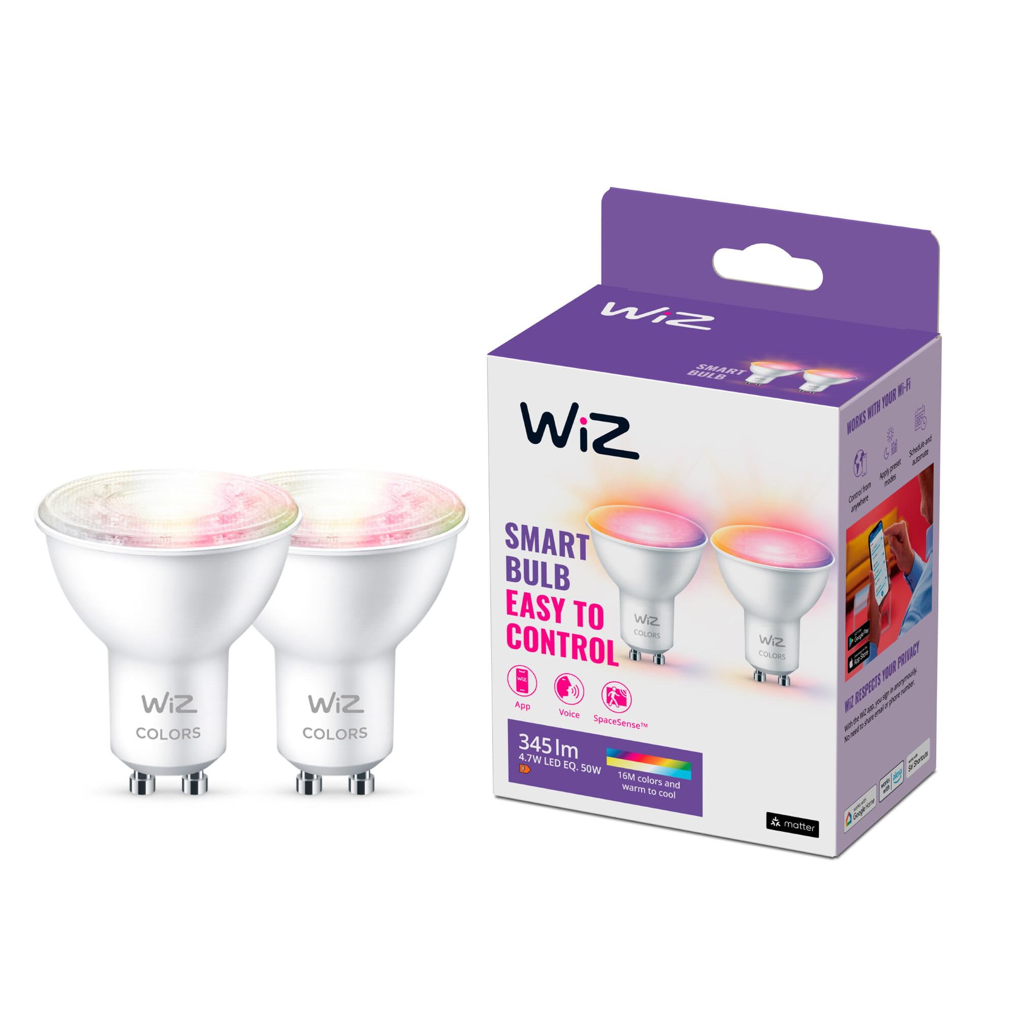 WiZ Smart Bulb, Tunable White [GU10 Spot] 60W, Smart LED Connected WiFi Works with Alexa, Google Assistant & HomeKit, App Control for Livingroom, Bedroom, Energy Monitoring, 2 Pack
