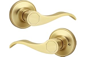 Gaurqiah Brushed Gold Wave Style Passage Door Handle Without Keys, Non-Locking Door Lever for Hallway/Closet in Satin Brass Finish, No Lock Reversible Lever for Left/Right Doors