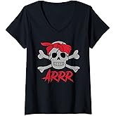 Womens Pirate Dead Skull with Eye Patch Halloween Design V-Neck T-Shirt
