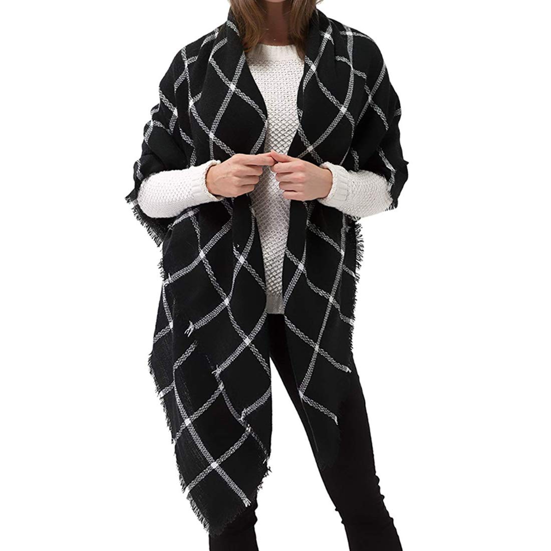Women Square Plaid Blanket Scarf Shawl for Winter Wear Oversized Warm Soft Chunky Square Scarf (black)