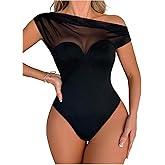 OYOANGLE Women's Mesh Sheer One Shoulder Bodysuit Asymmetrical Sleeveless Body Suit Tops