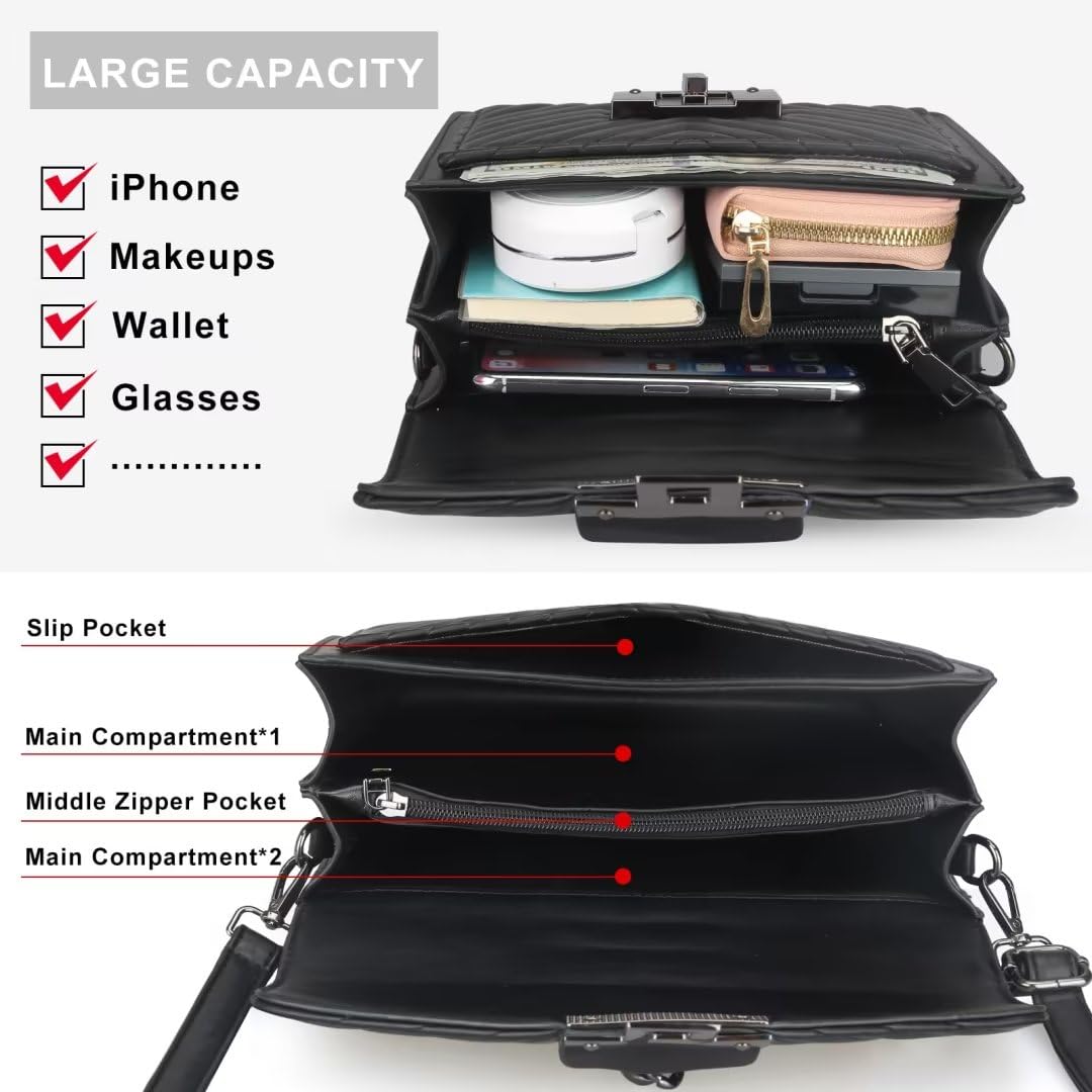 Top Handle Bag Quilted Crossbody Bags Trendy Designer Handbags for Women Black Leather Cross Body Satchel Purses Shoulder Bag