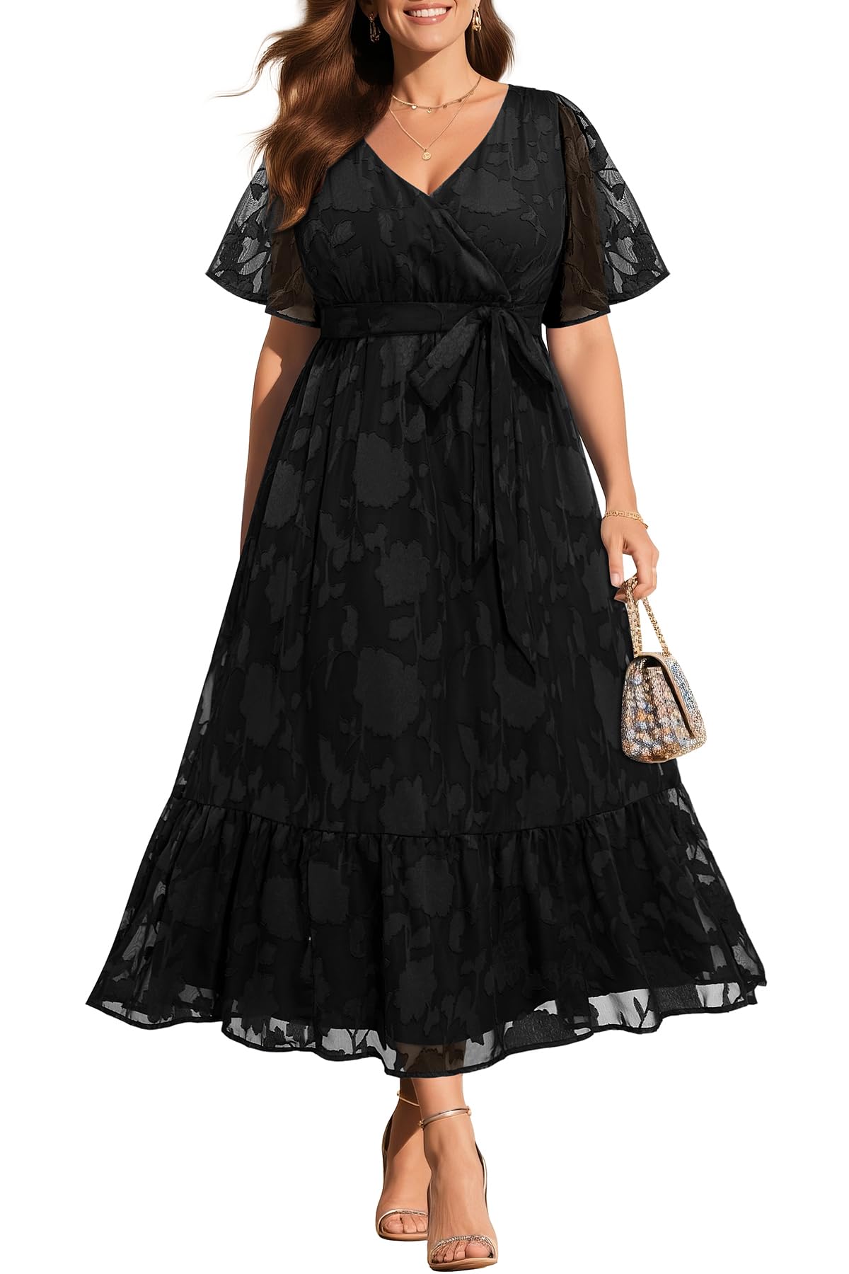 Photo 1 of 20W Plus Size Black Dress 2025 Wedding Guest Cocktail Wrap V Neck Summer Maxi Flutter Sleeve Lace Floral Long Dresses