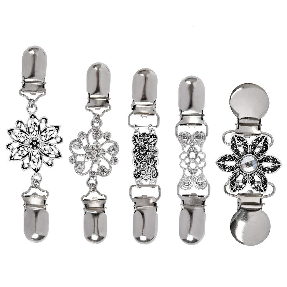5Pcs Woman Vintage Cardigan Clips, Scarf Collar Metal Sweater Chain Creative Silver Cardigan Clip for Blouse Dresses Shawl