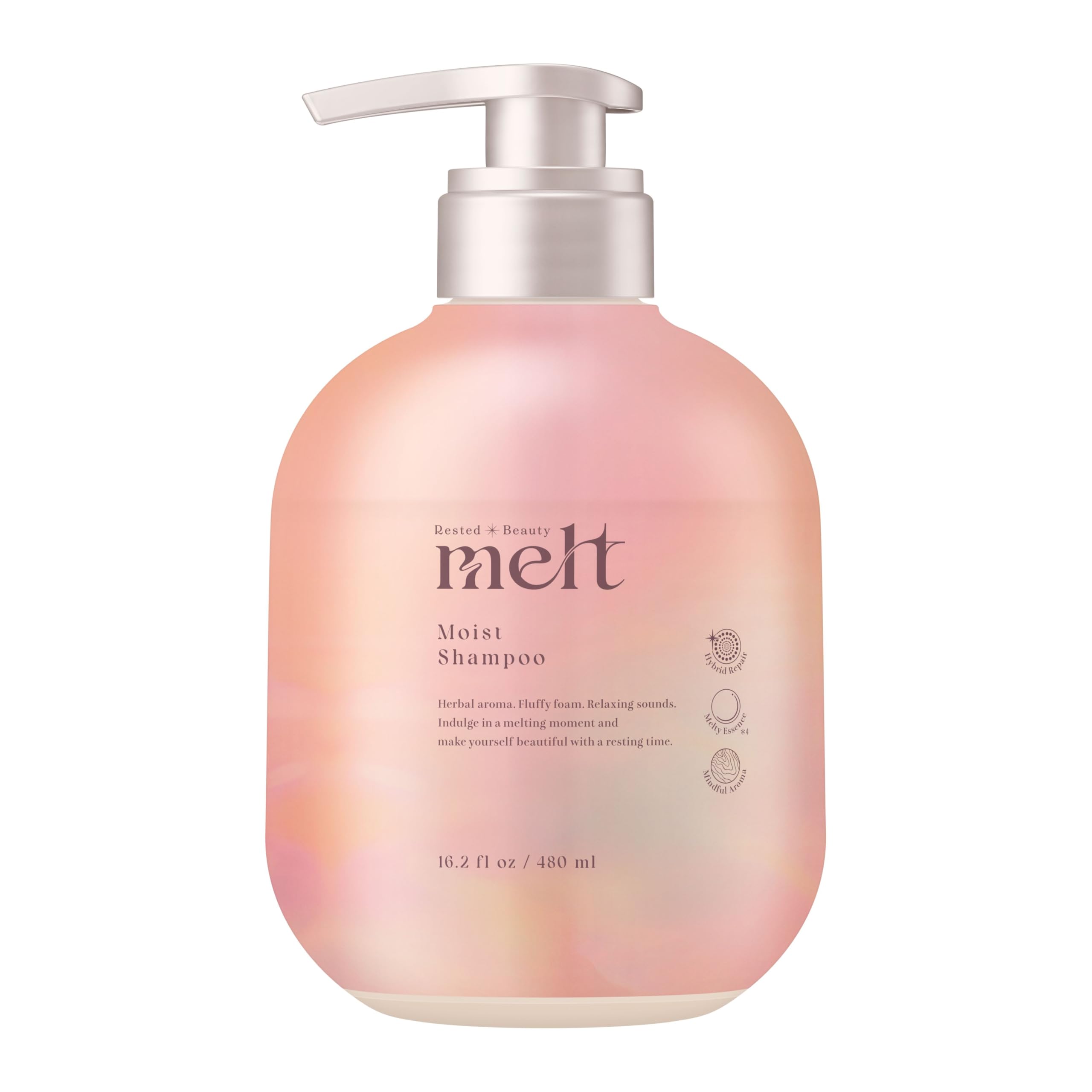 【melt】 メルト モイストシャンプー ポンプ 480ml 休息美容 休息美容 マインドフルアロマ/ゼラニウム＆ミュゲの香り 集中補修ケア うるツヤ髪 ハイブリッドリペア処方 メルティ美容成分 花王商品画像