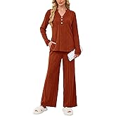 VUTRU Womens Ribbed Knit Lounge Set Long Sleeve Top and Long Pants 2 Piece Outfits Pajamas Sets Sleepwear PJ Sets