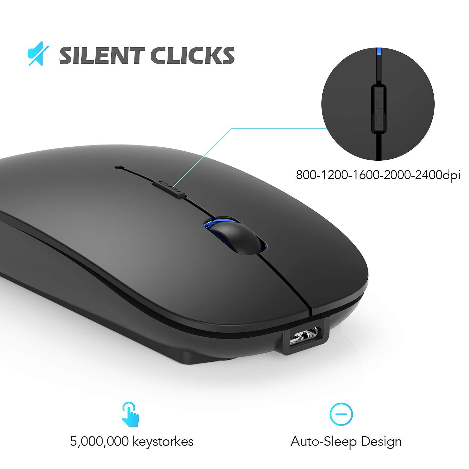 Hommie Wireless Bluetooth Mouse, Dual Mode Bluetooth 4.0 Mouse 2.4G Wireless Rechargeable Computer Mice, 5 Adjustable DPI, Less Noise for PC, Laptop, Mac, Android, Windows
