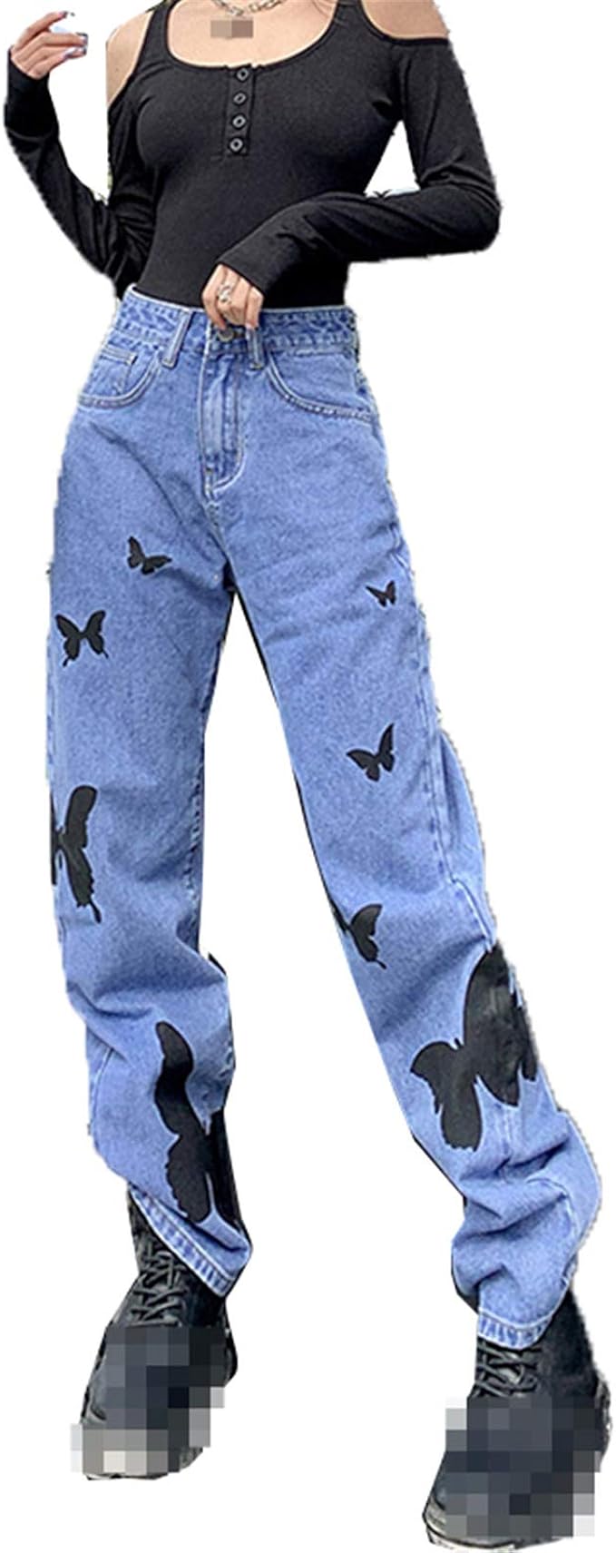 Personality Butterfly Print Jeans Women's Spring High Waist Streetwear