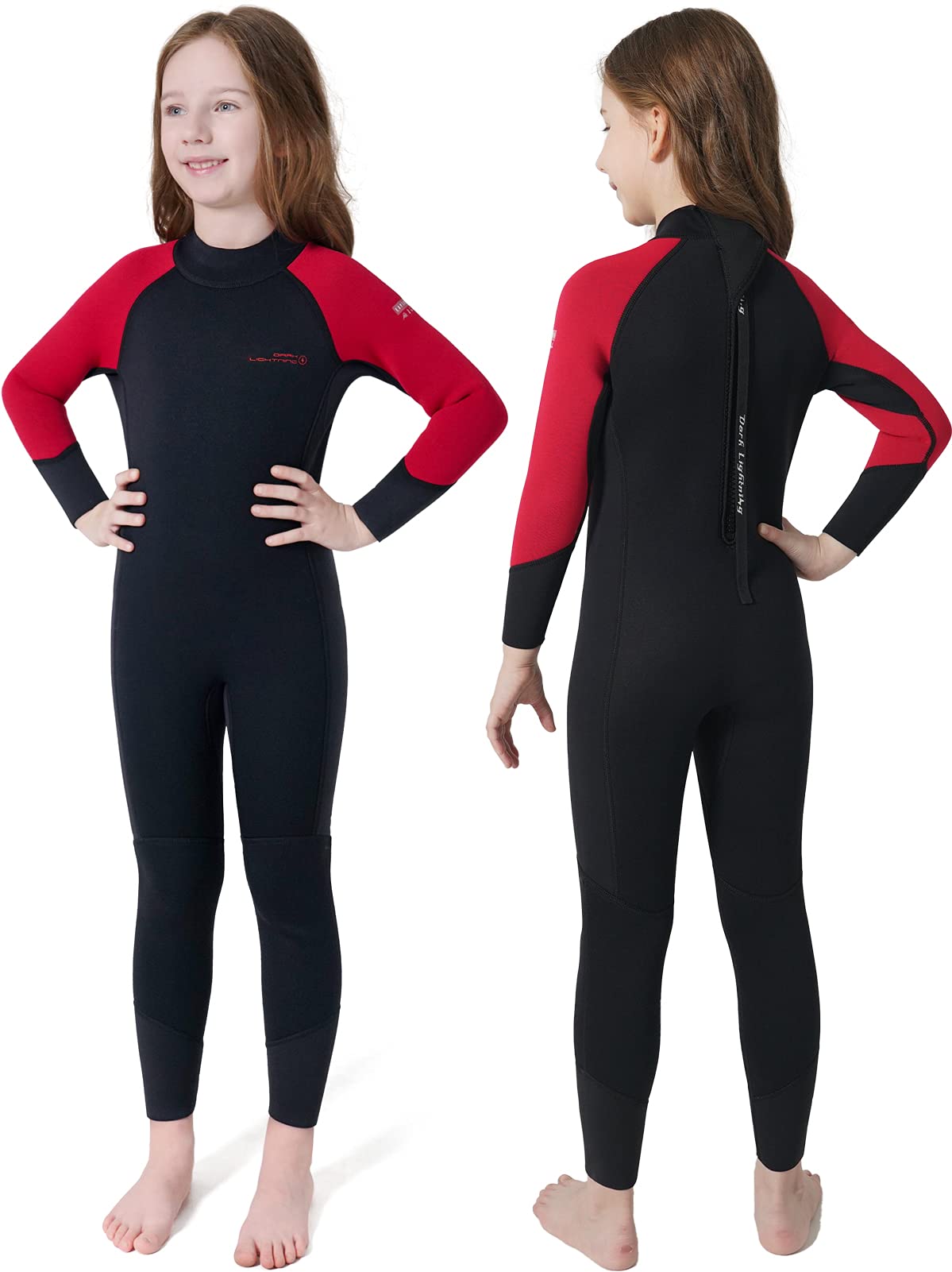 Photo 1 of Dark Lightning 3/2mm Kids Wetsuit for Boys and Girls, Neoprene Thermal Swimsuit, Toddler/Junior/Youth One Piece Wet Suits for Scuba Diving,Red/Size 6