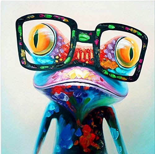 Beatifully Qearl Textured Animal Handmade Oil Painting the Frog Wears Glasses Stretched Painting Home decor (16x16 Inch)