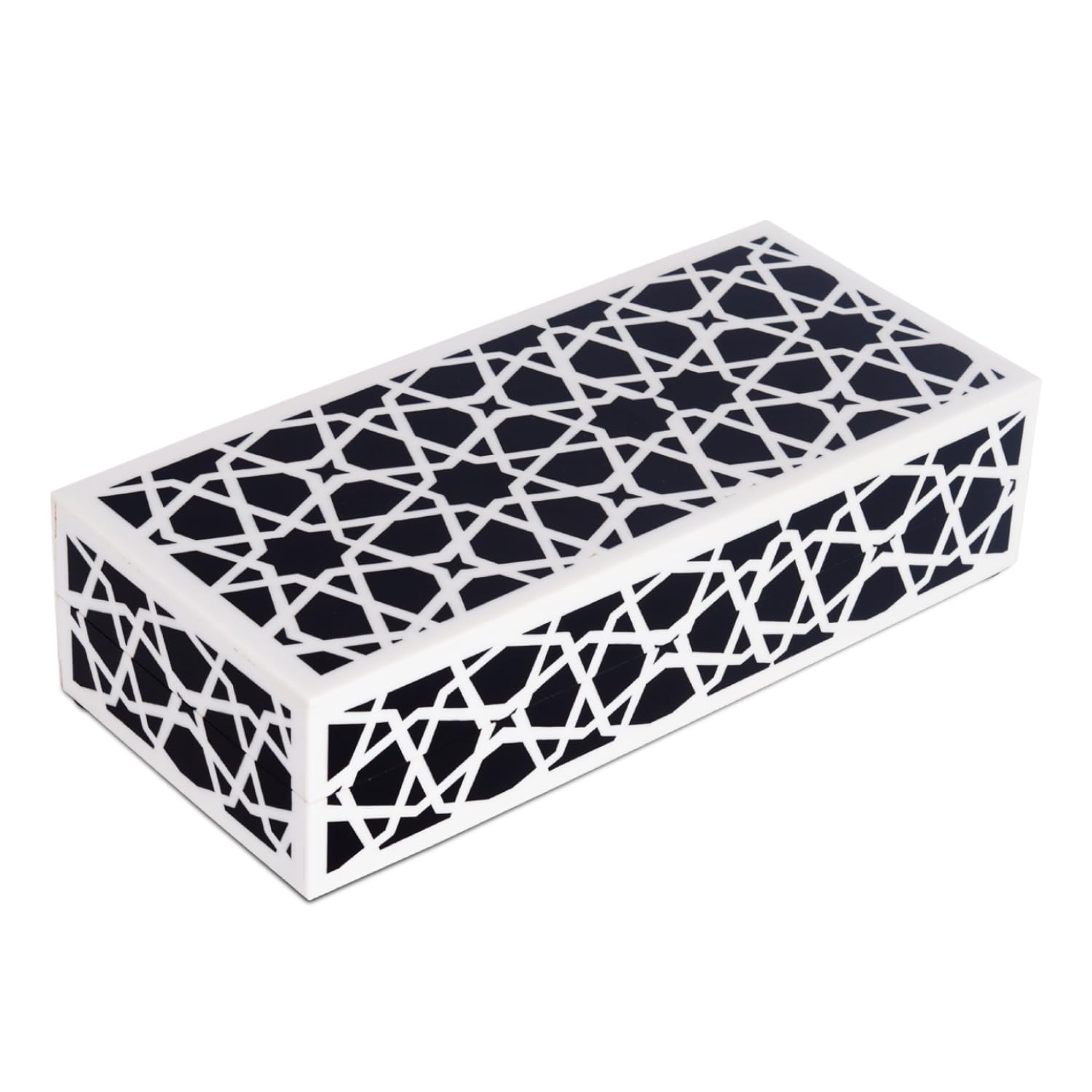 Handicrafts Home Decorative Storage Box with Lid, Black and White Moroccan Zellij Box, Coffee Table Remote Organizer, Geometric Keepsake Box for Living Room, Shelf & Hallway Decor, Zellij 10x4.5x2.5
