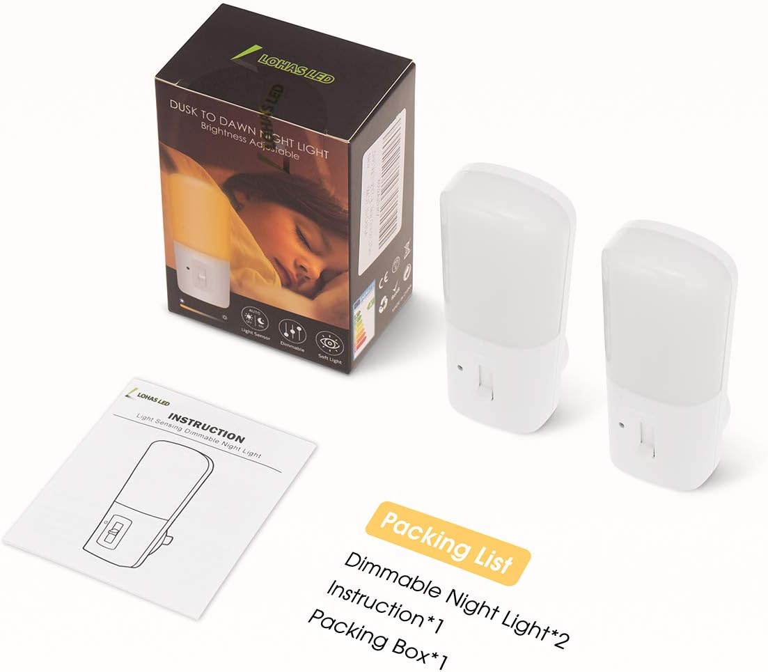 LOHAS Plug in Night Light, Dimmable LED Night Lights with Dusk to Dawn Sensor, Soft White 3000K Sleep Nightlight, Adjustable Brightness 5-80LM Mini Light for Nursery Kids Room Hallway Kitchen, 2 Pack: Home Improvement