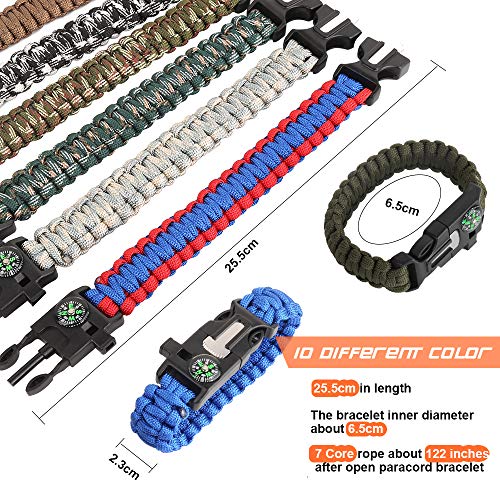HNYYZL 10 Pack Paracord Bracelet Kit Outdoor Survival Bracelet Camping Hiking Gear with Compass, Fire Starter, Whistle and Emergency Knife