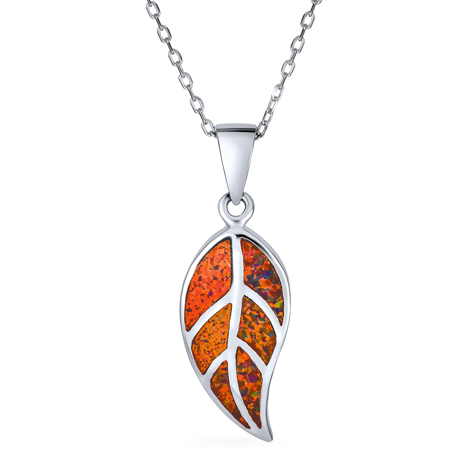 Gemstone Created Orange Brown Fire Opal Inlay Nature Leaf Pendant Necklace Western Jewelry For Women Teen .925 Sterling Silver October Birthstone โ image 1