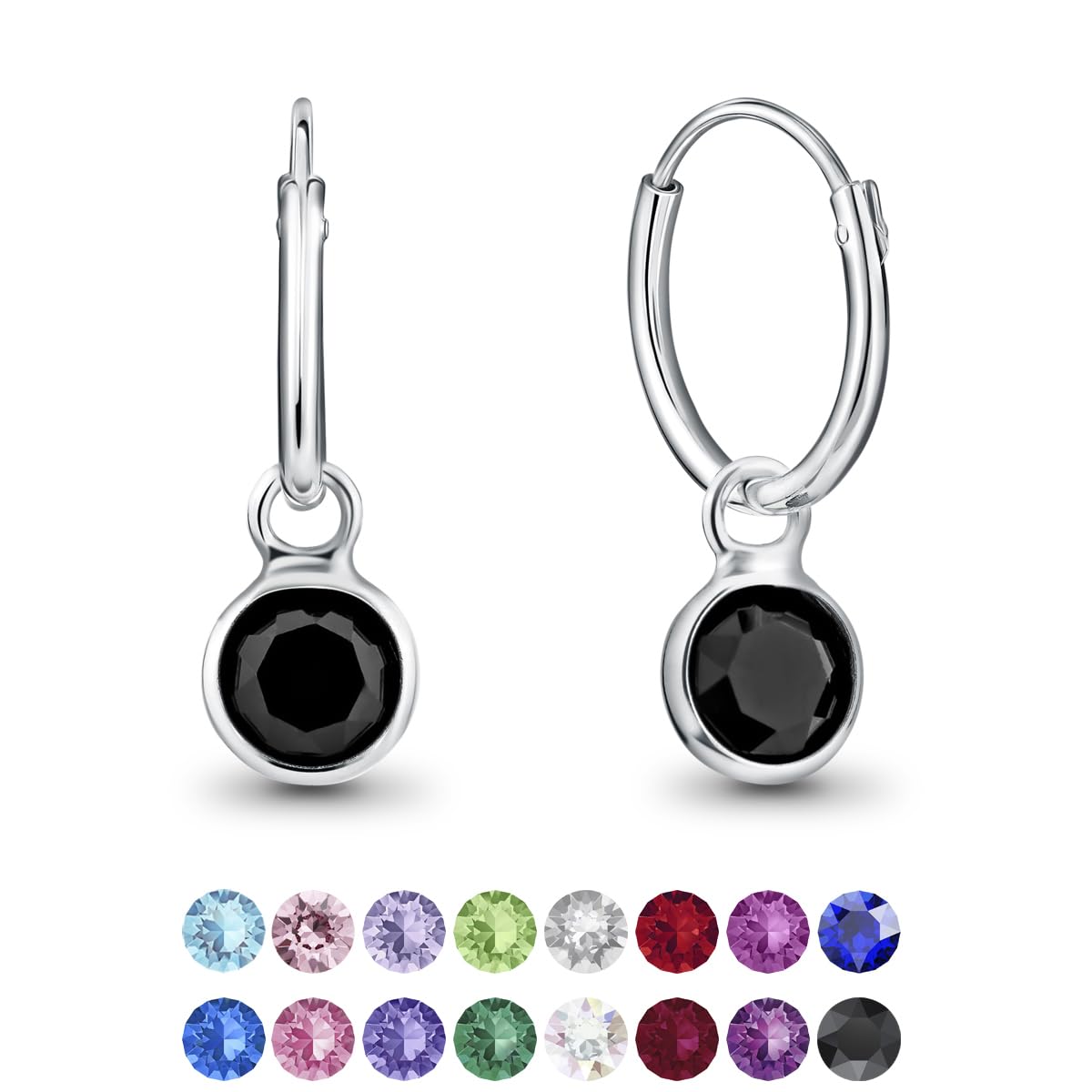 925 Sterling Silver Small Hoops Earrings with Dangling Round Crystals 3 mm - Black Earrings - Thickness 1.2 mm - Diameter: 12 mm