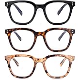 firstsense 3 Pack Reading Glasses for Women Men, Square Blue Light Blocking Reading Glasses with Spring Hinge Anti Eyestrain Eyeglasses, Computer Readers with Glasses Chain, +1.5