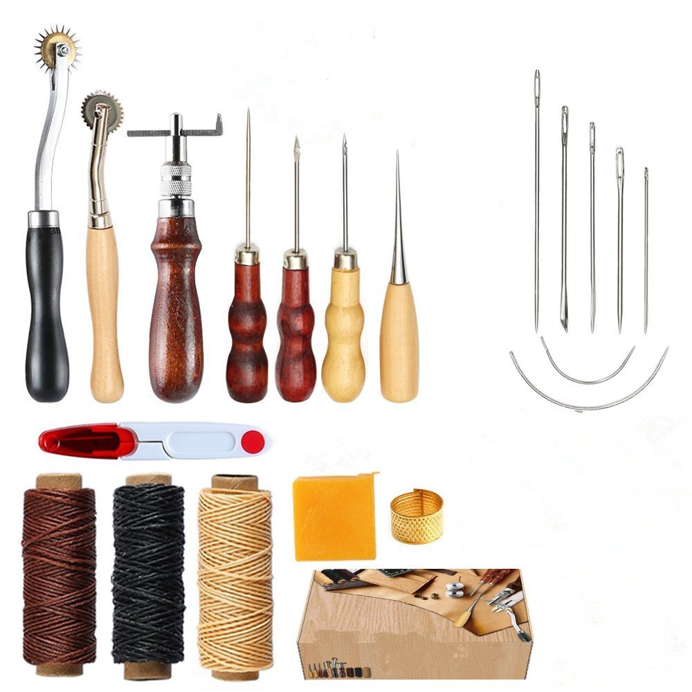 Leather Sewing Tools 14 Pieces Hand Sewing Repair Kit Craft DIY Hand Stitching Kit with Groover Awl Waxed Thimble Thread for Sewing Leather, Canvas or Other Leathercraft Projects