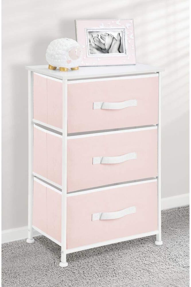 mDesign 3-Drawer Vertical Dresser Storage Tower - Sturdy Steel Frame, Wood Top and Easy Pull Fabric Bins - Multi-Bin Organizer Unit for Child/Kids Bedroom or Nursery - Light Pink/White: Home & Kitchen