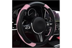 povtii Car Steering Wheel Cover, 15 Inch Leather Breathable Auto Steering Wheel Protector, Comfortable Non-Slip Vehicle Steering Wheel Covers, Universal Interior Car Accessories (Black+Pink)