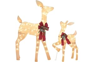 JOHOO 2 Pcs Reindeer Christmas Decoration, Xmas Lighted White Shimmering Doe and Fawn Display Set with 105 Warm White Lights for Yard Lawn Indoor Outdoor