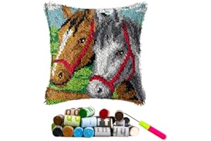 DL-YTG Latch Hook Kits Pillow Horse Crochet Yarn Cushion Colour Pre-Printed Canvas Rug Needlework DIY Pillowcase Hook and Latch Kit Christmas Home Arts Crafts Sofa Decoration 42x42cm/17 X17