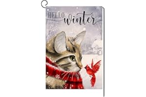 BLKWHT Winter Cat Garden Flag 12x18 Vertical Double Sided Cardinal Bird Snow Christmas Holiday Outside Decorations Burlap Yard Flag BW230