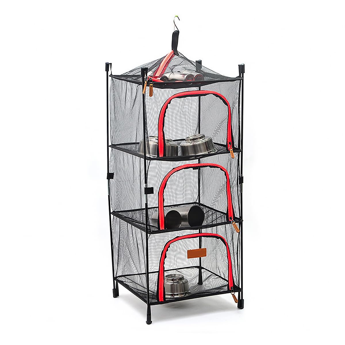 ZONADAH Folding Drying Net 4 Layers Mesh Hanging Rack Standing Drying Net Camping Organizer Mesh Dryer Storage Hanging Basket with Zipper for Camping Picnic Barbecue