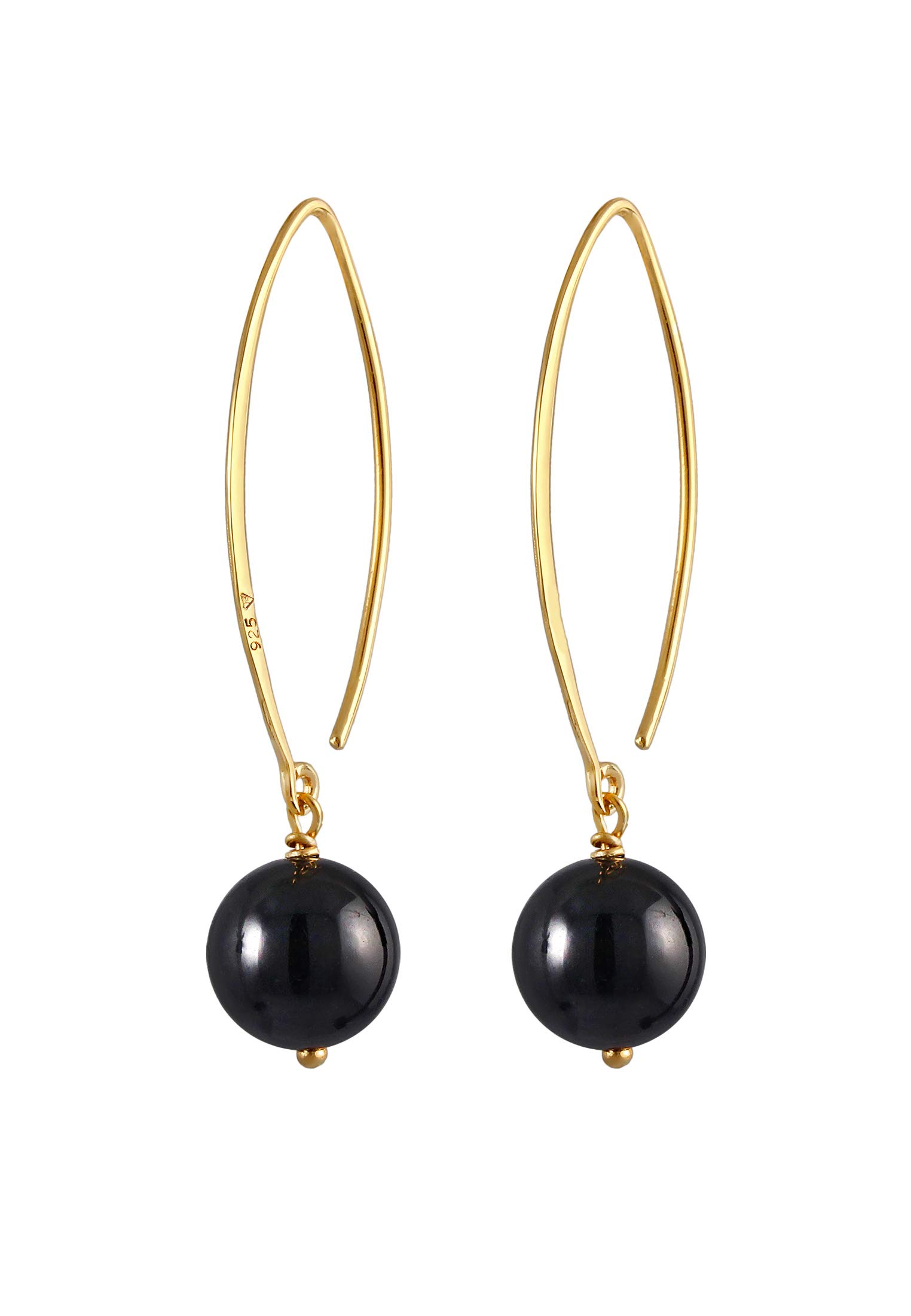 0307773020 Women's Earrings Gold-Plated Long Earrings with Onyx Balls Black (8 mm), 925 Sterling Silver Earring Set, Golden Earrings for Women