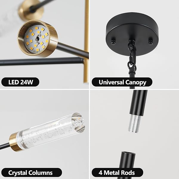 SGLFARMTY LED SPUTNIK CHANDELIER, 8-LIGHT MODERN PENDANT LIGHT,MID CENTURY BLACK GOLD CEILING CHANDELIERS, HEIGHT ADJUSTABLE CRYSTAL HANGING LIGHT FOR DINING ROOM, LIVING ROOM, BEDROOM