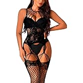 ChiaoLezhee Sexy Lingerie For Women, Lace Bodystocking, Fit All Size, Exotic Wear Dancer Dancewear Plus Fishnet Mesh Glow