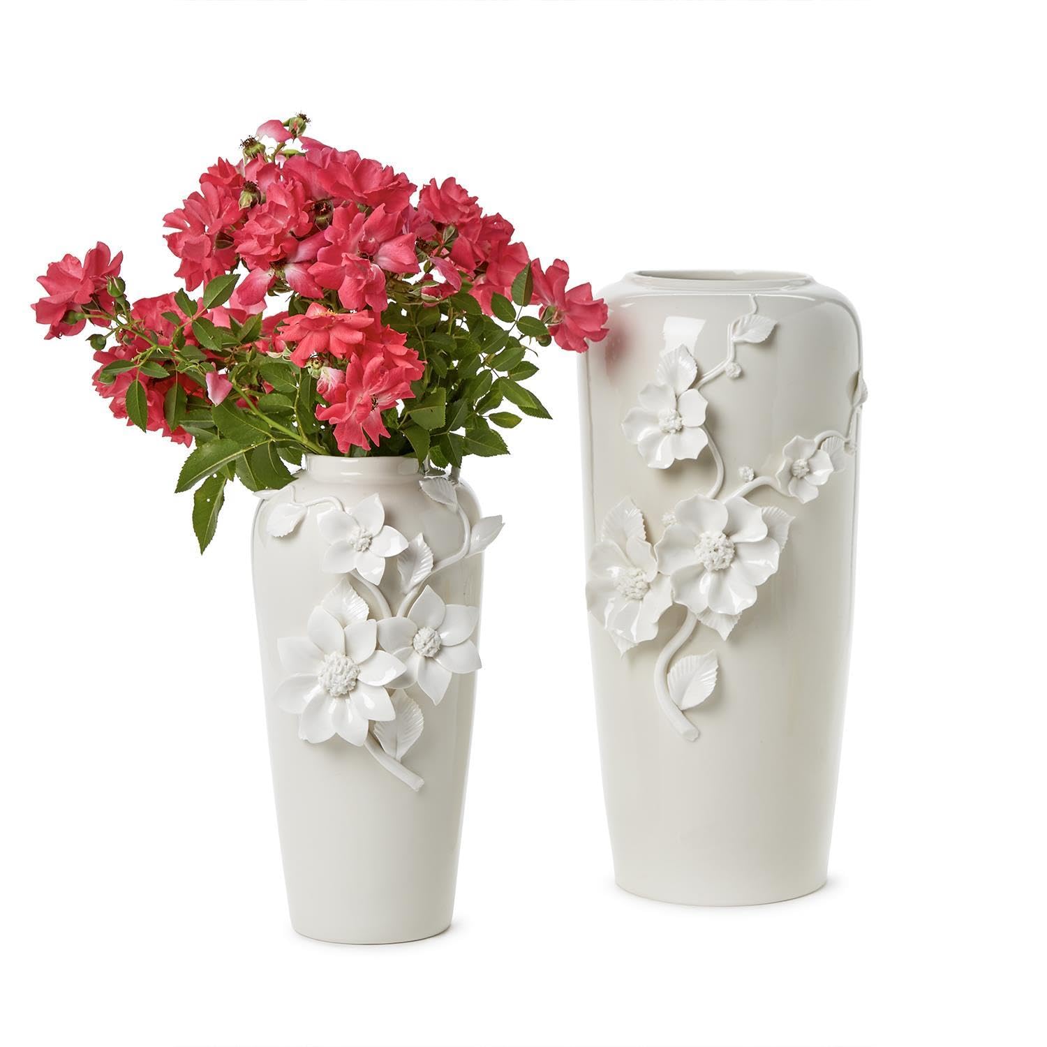 Photo 1 of ** ONLY ONE ** Two's Company Vases with 3-D Sculpted Flowers, Porcelain, White, 