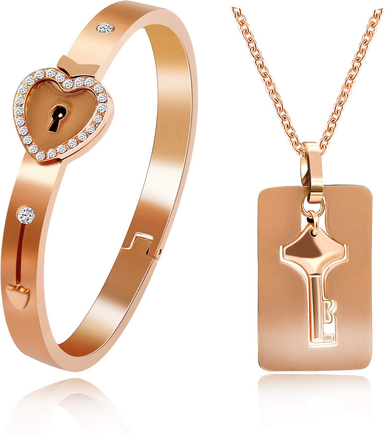 Uloveido Heart Lock Bracelet and Shield Key Necklace for Girls Boys Matching Jewelry Set for Couples Men and Women Y473/Y474 (Rosegold-2)