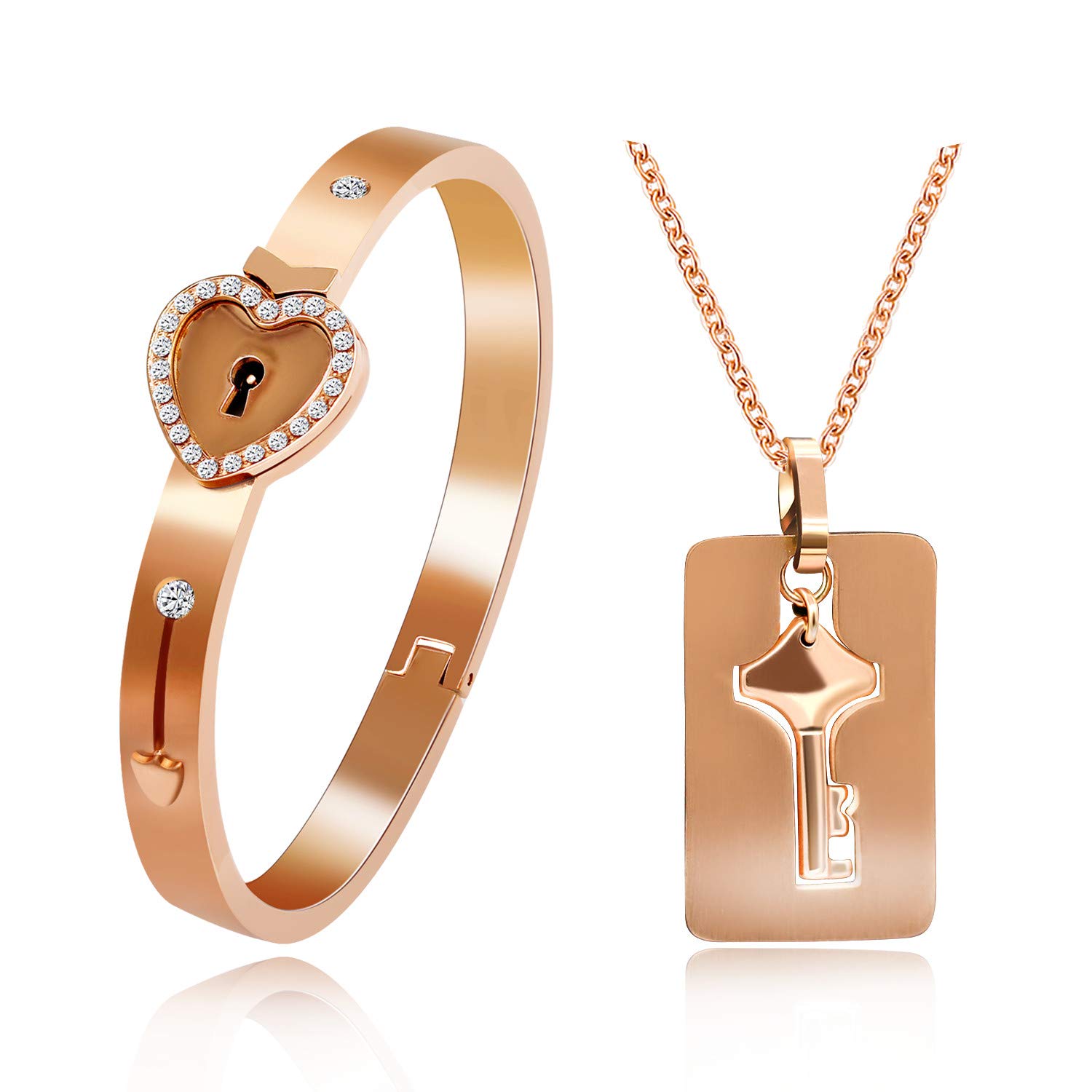 Uloveido Matching Key Pendant Necklace and Lock Bangle Bracelet Set for Couples Women and Men Y474 (Rose Gold)