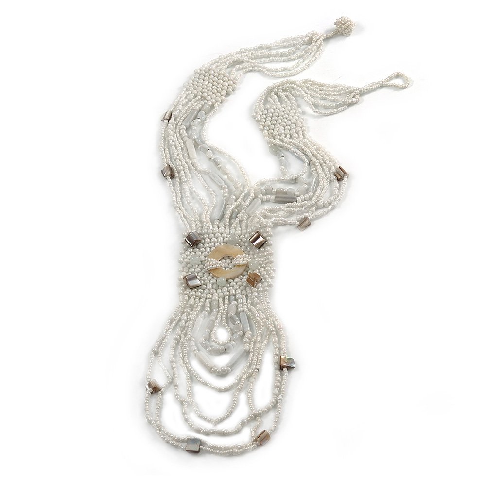 Avalaya Snow White/Antique White Glass Bead Shell Nuggets Tassel Necklace with Button and Loop Closure - 48cm L (N)/ 17cm L (Tassel)