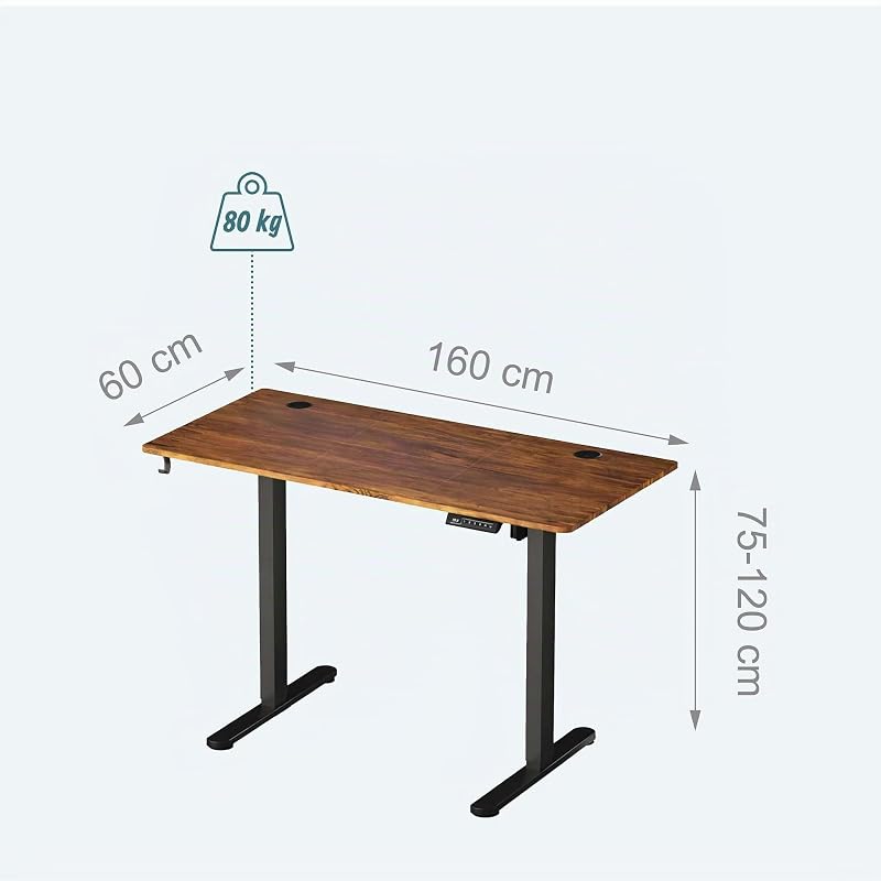 Bureau Assis-Debout, électrique, écran LED, 120 x 160 x 60 cm, métal, Style Industriel, Marron-Noir