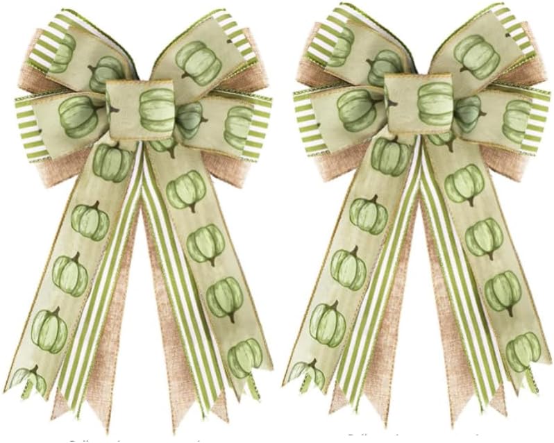 Bows & Ribbons - Whaline 2Pcs Fall Wreath Bow Green Stripe Burlap Bow Autumn Thanksgiving Pumpkin Pattern Gift Bow Tree Topper for Indoor Outdoor Festive Daily Home Decoration Party Supplies, 11 x 16.5 Inch