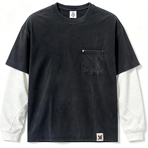 ICE33SHOW Vintage T Shirt Men, Washed Black Cotton Pocket T Shirt for Men Women, Unisex Relaxed Fit Streetwear Oversized