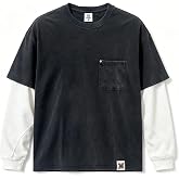 ICE33SHOW Washed Cotton Faux 2-Piece Long Sleeve T-Shirt with Pocket | Unisex Oversize Fit, Casual Streetwear, Cotton Body, Waffle Knit Sleeves, Metal Pocket Rivet